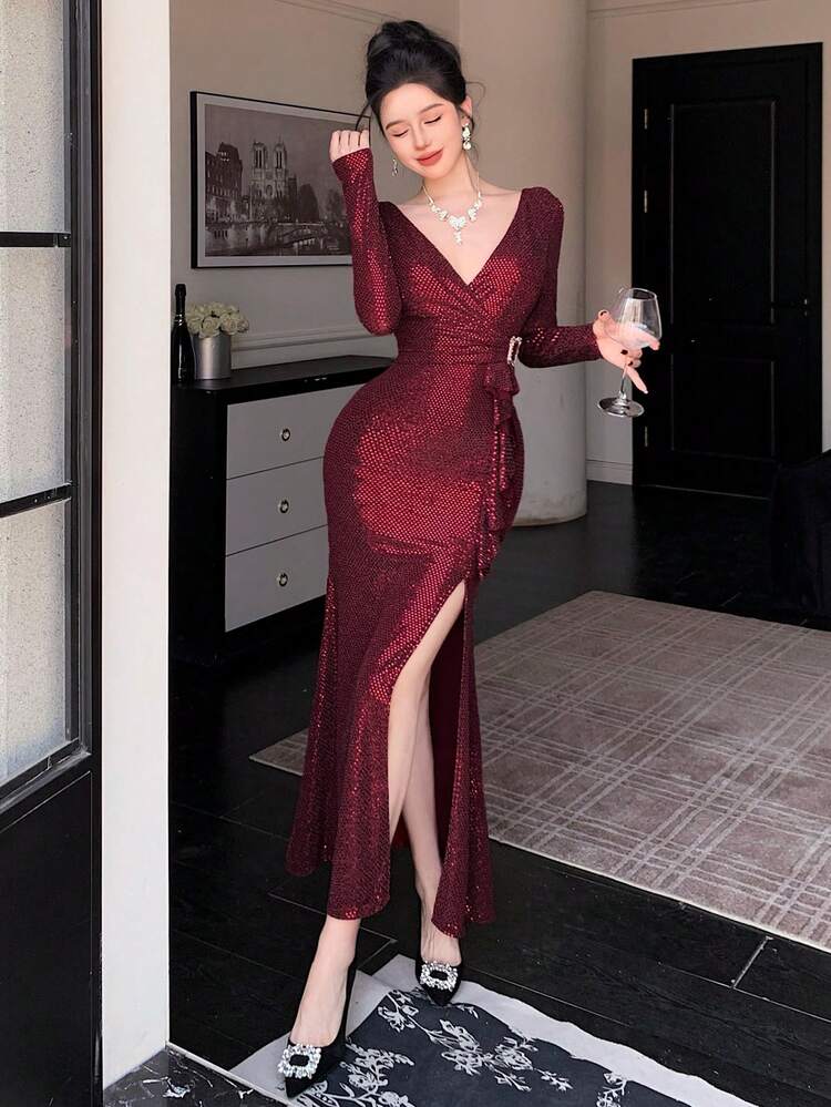 Elegant V-Neck Sequin Embellished Minimalist Dress Sundress