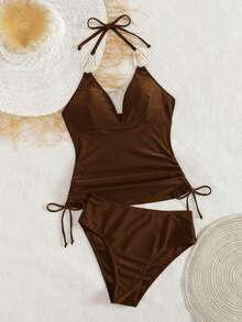 Swim Chiccia Women's Black Metal Jewelry V-Neck Wrinkle Drawstring Fashionable And Elegant Ladies Tankini, Suitable For Beach Music Festival Spring/Summer - Coffee Brown - View 5