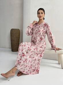 Yasmyna 女士优雅花卉印花贴花阿拉伯风格连衣裙，秋季 - 粉色 - 查看 3