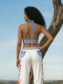 CAJUNI Women's Floral Print Deep V-Neck Crop Top And Wide Leg Pants Sexy Vacation Outfit - Multicolor - View 2