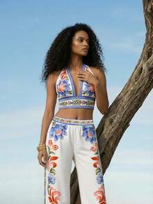 CAJUNI Women's Floral Print Deep V-Neck Crop Top And Wide Leg Pants Sexy Vacation Outfit - Multicolor - View 4