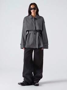 LYSMO Women's Solid Color Fashionable Minimalist Design Trench Coat - Dark Grey - View 7