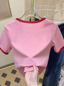 Resyla 粉色短袖修身露脐T恤，爱心刺绣T恤，撞色T恤，时尚休闲T恤。新款夏季爱心刺绣修身露脐上衣，甜美性感风 - 玫紅色 - 查看 2