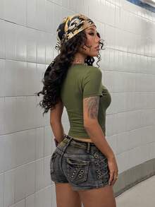 StreetHx Áo thun dài tay nữ mùa xuân/hè màu xanh quân đội cổ chữ V, trang trí khoen kim loại, họa tiết cánh chim Gothic, đính đá, phong cách đường phố Y2K cá tính, thích hợp cho học sinh. - xanh quân đội - Xem 3