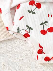 Souflis Souflis Baby Girl Spaghetti Strap Ribbed Cherry Print Casual Summer Ruffle Romper, 2pcs Newborn Baby Girls Cherry Print Romper & Headband Set Cherry Print Girl Outfit Baby Girls Dresses Baby Romper Dress Cherry Romper 0-9M Toddler Cherry Baby Outfit Cherry Romper Baby Girls Valentines Outfit Baby Girl Outfit - White - View 7