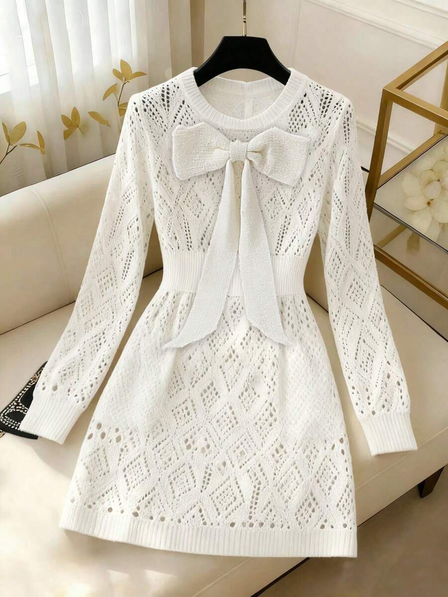 GlowEve Minimalist Round Neck French Romantic Style White Hollow Out Jacquard Knit Dress With 3D Bow Decor, Long Sleeve Waist Cinched A-Line Sweater Dress For Women, Spring/Autumn - White - View 1