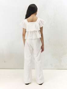 SUMWON Eyelet Anglaise Ruffle Frill Top And Wide Leg Pants Two Piece Co Ord Set Summer Vacation Beach Holiday Outfit Festive Occasionwear
