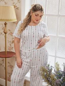 CottageSlumber Romantic Heart & Wavy Line Decor Plus Size Short Sleeve Top And Pants Set - White - View 4
