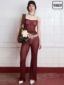 COUREZ Longline Slim Lace Flare Trousers /Y2K Summer Bottoms Vintage - Rust Brown - View 1