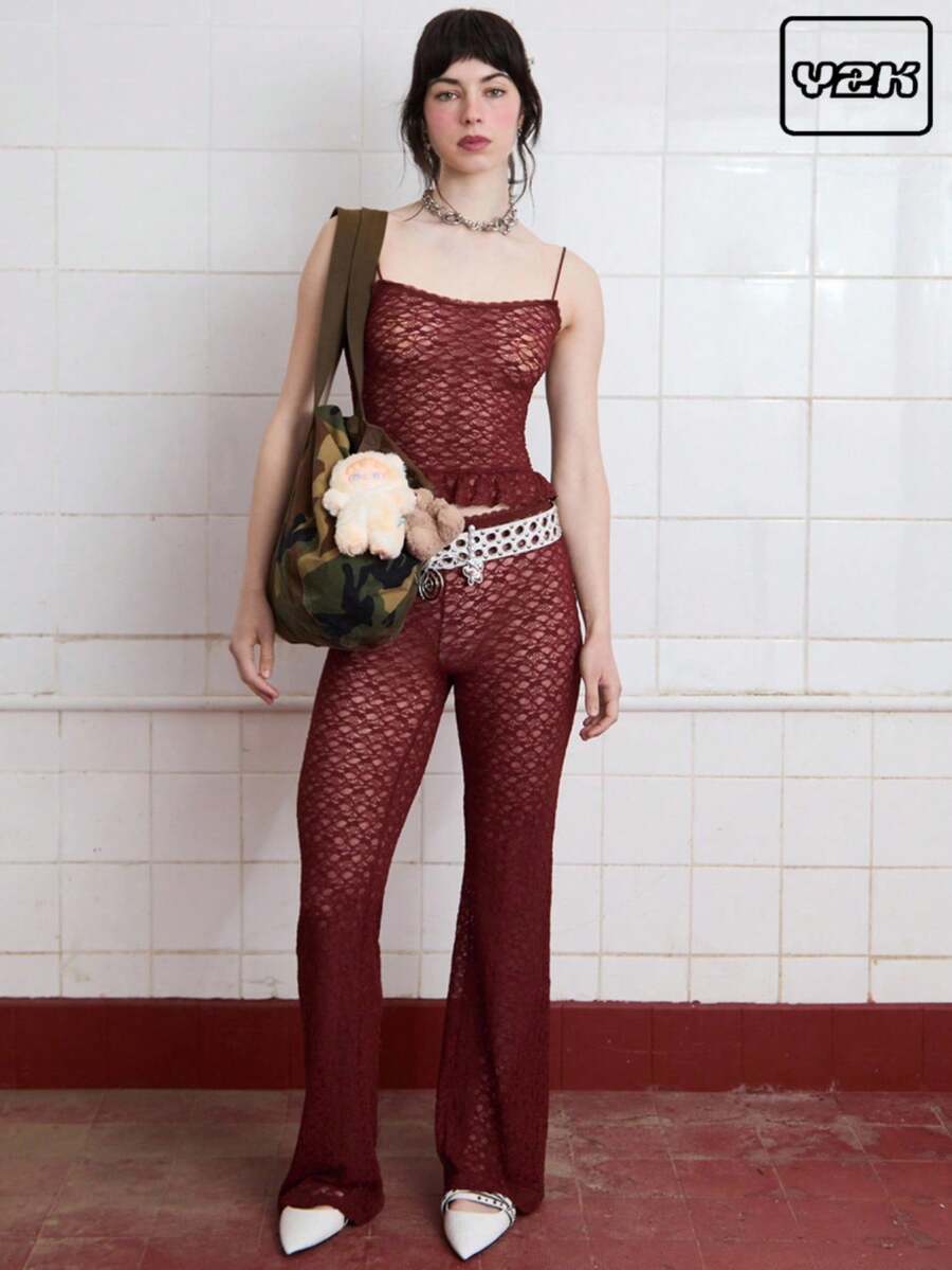 COUREZ Longline Slim Lace Flare Trousers /Y2K Summer Bottoms Vintage - Rust Brown - View 1