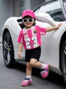 2件套女婴/男女通用婴幼儿0-3岁休闲时尚撞色条纹拼接字母花卉赛车印花圆领短袖T恤和紧身字母印花短裤套装，女婴运动服，适合春夏日常穿着，户外居家皆宜，百搭时尚 - 彩色 - 查看 4