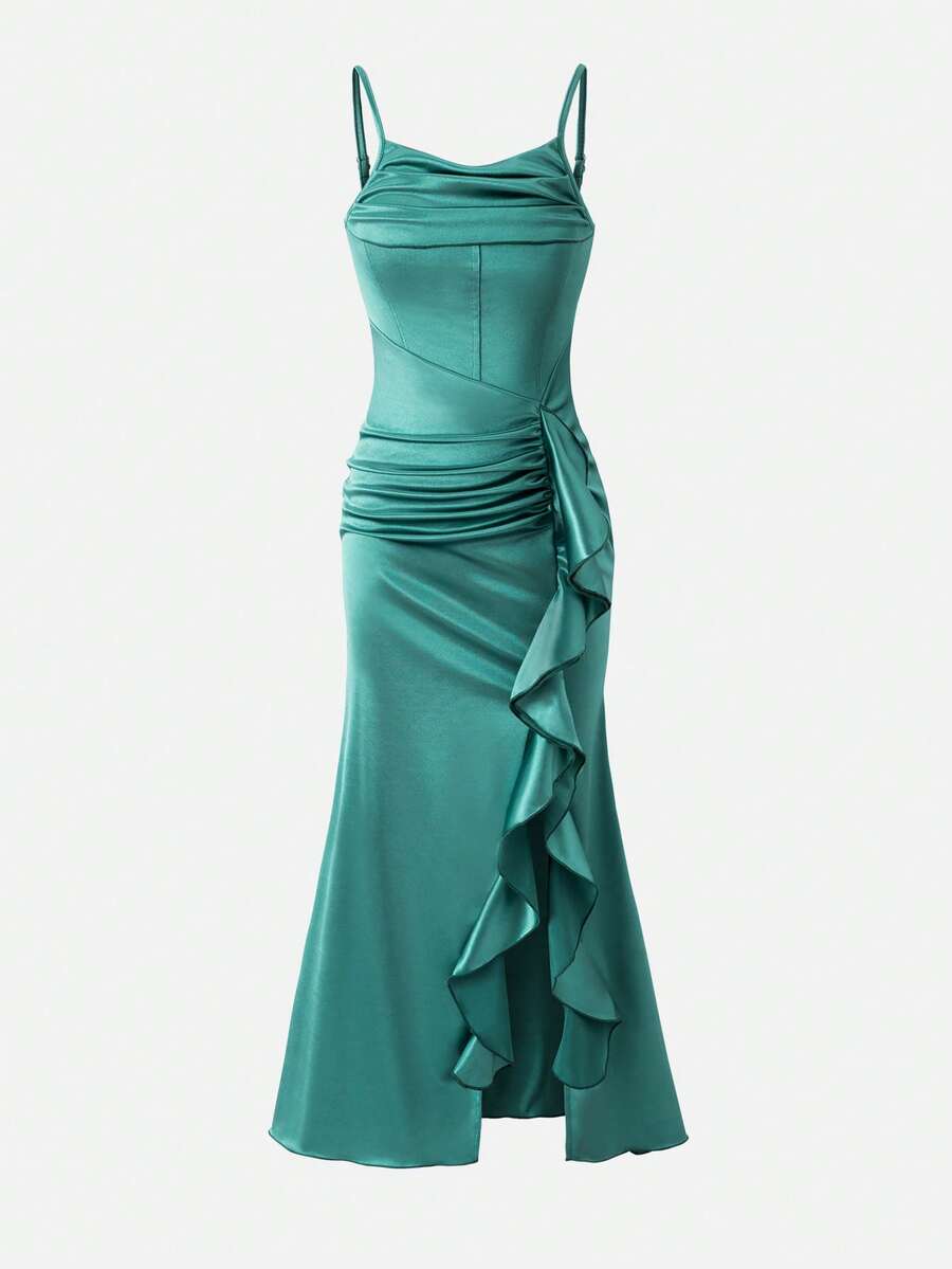 少女紫色缎面吊带长裙,适合派对/宴会的正式礼服 - 藍色 - 查看 1