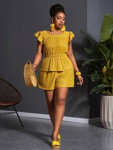 Veslaya Nuevo conjunto de 2 piezas de top de manga abullonada con cintura ceñida y pantalones cortos ajustados con bolsillos en color amarillo mostaza sólido, ideal para vacaciones, uso casual, playa, fiestas, estilo bohemio, uso diario, resort de isla, actividades al aire libre, festivales de música, citas y reuniones. Tallas grandes. Conjunto de verano amarillo de top y blusas para mujer. Vestido amarillo para mujer de playa. Conjuntos de ropa de vacaciones para mujer, conjuntos casuales de 2 piezas. - Amarillo Mostaza - Ver 6