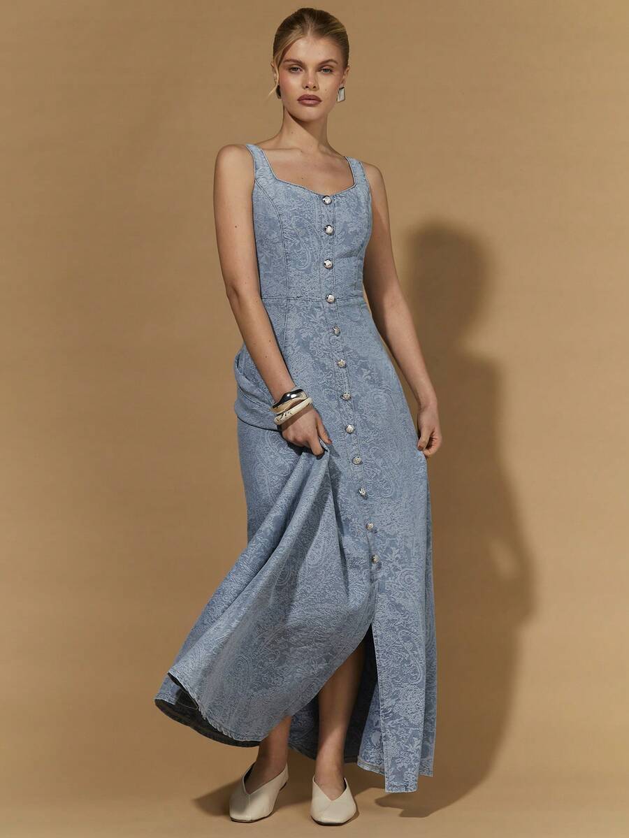 COSMINA Women's Elegant Sleeveless Jacquard Dress, Versatile For Date, Vacation, Commute, Office, Early Spring - Light Wash - View 1