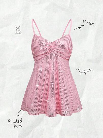 Olithes Women's Fashion Party Sequin Camisole Vest Pink Babydoll Top Sexy Summer Tops Pink Sparkly Top Pink Sequin Top Pink Lace Top
