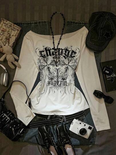 SHEIN EZwear Camiseta de manga larga con cuello asimétrico, hombros sueltos, bajo asimétrico y estampado de cruz y alas, nueva para otoño, sexy para mujeres