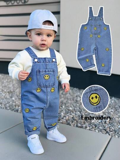 SHEIN Baby/Toddler Boys' Casual Soft Cute Smiling Face Embroidered Blue Denim Loose Fit Overalls & Tapered Pants Fall Winter,Versatile And Suitable For Baby Fall/Winter Dailywear Outfits,Boys Streetwear Outfits,Boys Christmas Outfits,Boys New Year Clothes,Casual Outfits For Boys,Graphic Jumpsuit Boys,Vacation Outfits For Boys