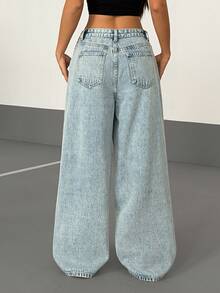 SHEIN PETITE Casual Loose Straight Leg Jeans With Pockets - Light Wash - View 2