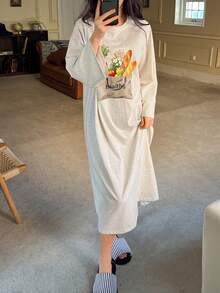 DAZY Food Print Pattern Loose Long Sleeve Nightgown Women Sleepwear Dress - Light Grey - View 5