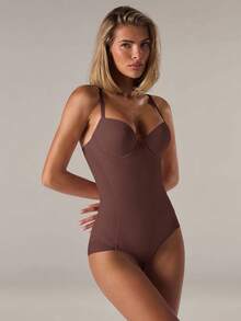 SHEIN BAE Bộ đồ định hình eo và bodysuit có xương cho nữ - Cà phê nâu - Xem 3