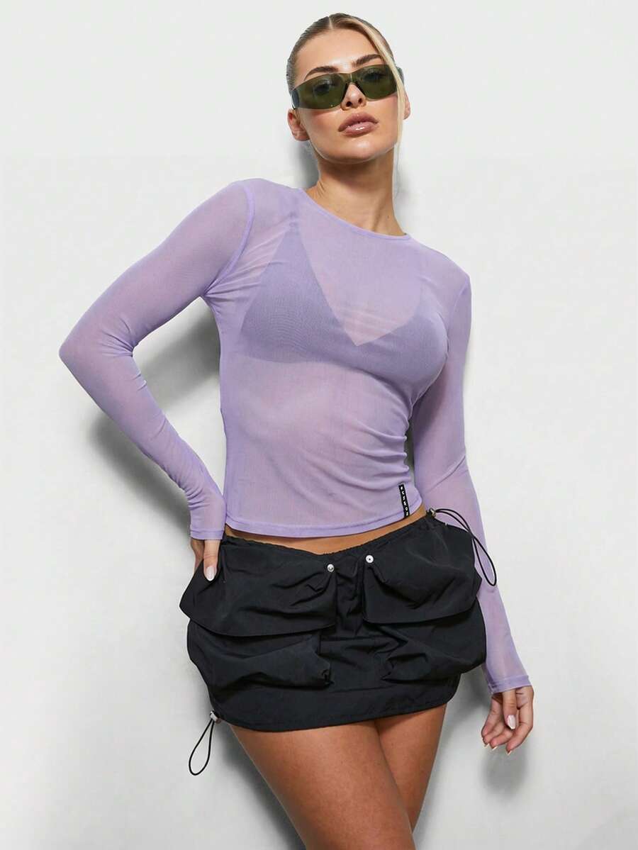 SUMWON WOMEN Long Sleeve Mesh Top Round Neck Fitted Sheer Blouse Spring Summer Layering Essential Basic Tee - Lilac Purple - View 1
