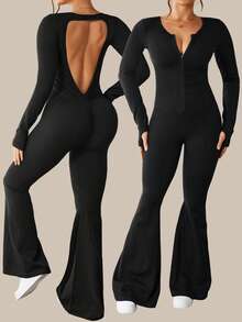 SHEIN Sports 1pc Women Plus Size Seamless Long Sleeve Thumb Hole Front Zipper Open Back Fitness Yoga Dance Gymnastics Leotard Jumpsuit - Black - View 1