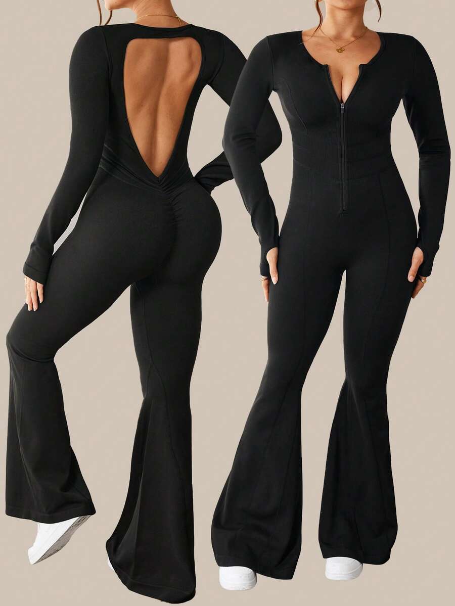 SHEIN Sports 1pc Women Plus Size Seamless Long Sleeve Thumb Hole Front Zipper Open Back Fitness Yoga Dance Gymnastics Leotard Jumpsuit - Black - View 1