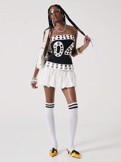 ROMWE Avant Damen Y2K Crop Top für den Schulanfang mit kontrastfarbigem Patchwork, bestickter Nummer-Dekoration und Ösen-Detail