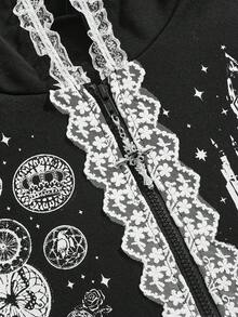 ROMWE Gothic Badge, Gothic Cathedral Key, Crown & Butterfly Print Women''s Hooded Sweatshirt Sweatshirt - Black - View 3