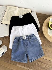 SHEIN LMoss Kids 3件套男婴柔软水洗休闲牛仔短裤套装，蓝/黑/白三色可选，适合春夏穿着，日常穿着、街头风、沙滩装、生日装、休闲牛仔裤、度假装，印花牛仔裤，三件套，2岁宝宝三件套，夏季三件套 - 彩色 - 查看 9