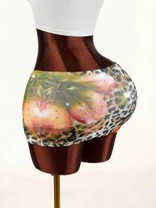 Amplova Leopard & Floral Full Print Rhinestone Embellished Mini Skirt, Super Low Waist - Multicolor - View 3