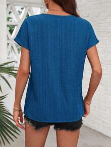 SHEIN LUNE 女士休闲纹理蓝色衬衫，夏季女装上衣，春季女装外出上衣，度假女装，夏季假期蓝色上衣，邮轮女装，工作女装，短袖女装 - 藍色 - 查看 2