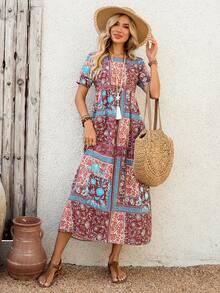 EMERY ROSE 女士夏季长款连衣裙，短袖，大碎花印花。 - 藍色 - 查看 6