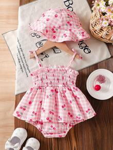 SHEIN 女婴优雅甜美樱桃格子连体衣带帽子套装，夏季