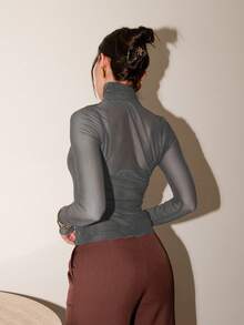 Bris Aura 斯德哥尔摩风格，女士教师装，秋季服装，高领高领针织上衣，优雅秋冬衬衫，网眼长袖衬衫，商务休闲女士基本款上衣 - 灰色 - 查看 3