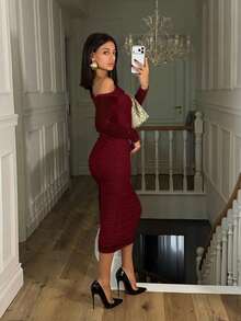 Ronhire 女士秋季网眼荷叶边优雅约会晚礼服，修身长袖中长款 - 酒紅色 - 查看 5