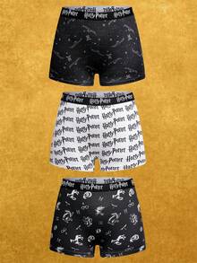 HARRY POTTER X SHEIN 3条装女士全印花撞色腰带舒适平角短裤 - 黑與白 - 查看 1