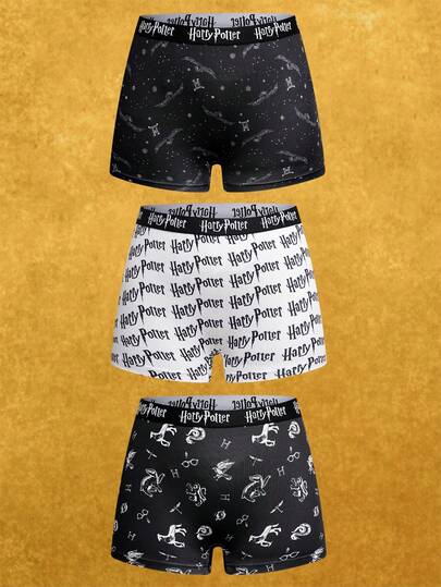 HARRY POTTER X SHEIN 3pcs Women's Allover Print Contrast Tape Waist Comfortable Boyshorts