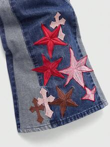 ROMWE MEN Men's Cross & Floral Embroidered Color Block Fashion Jeans - Blue - View 3