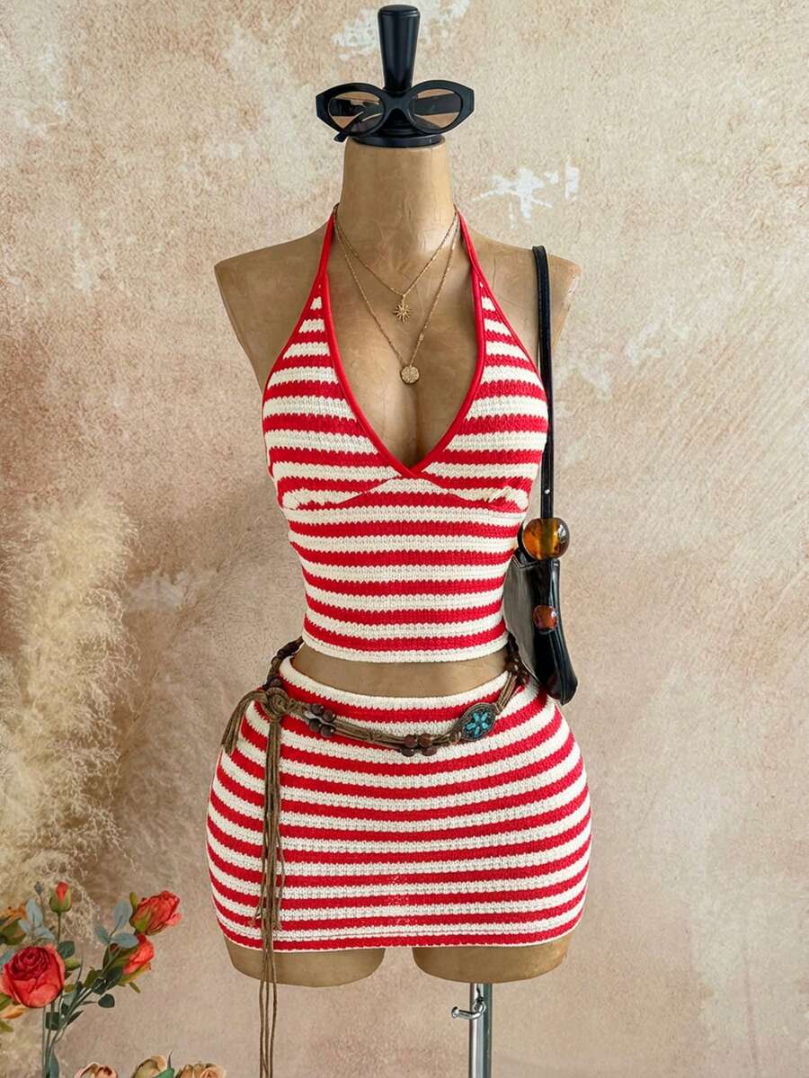 Soleia 女士两件套印花露背上衣和迷你裙套装，适合海滩/度假穿着 - 紅白色 - 查看 1