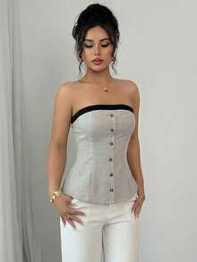 SHEIN Elenzya 优雅浪漫简约通勤女式上衣，无肩带收腰设计，撞色装饰纽扣，亚麻质感面料 - 杏色 - 查看 4