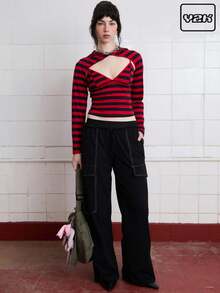 COUREZ 条纹连帽开衫 / 女士夏季穿搭 / 夏季上衣 / 街头休闲 / Y2K 复古风 - 紅色 - 查看 1