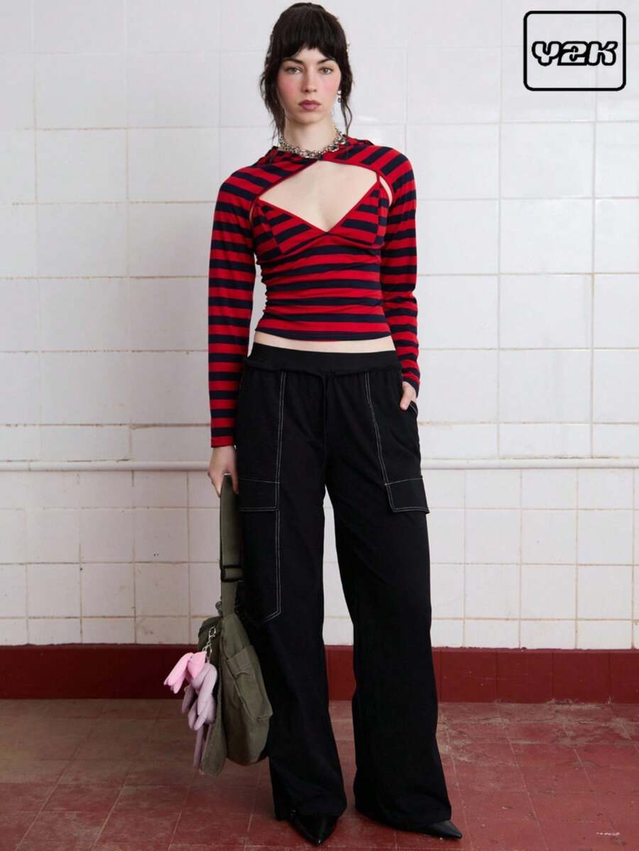 COUREZ 条纹连帽开衫 / 女士夏季穿搭 / 夏季上衣 / 街头休闲 / Y2K 复古风 - 紅色 - 查看 1