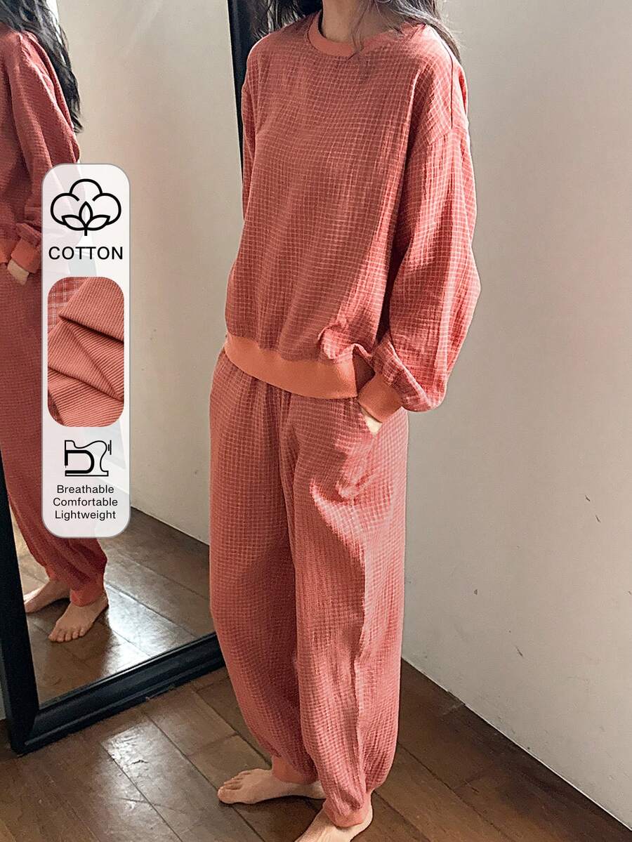 DAZY Red Plaid Sweatshirt Style Women Pajama Set - Red - View 1