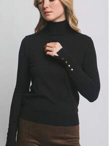 Blusa de punto con cuello alto y botones metálicos - Negro - Ver 3