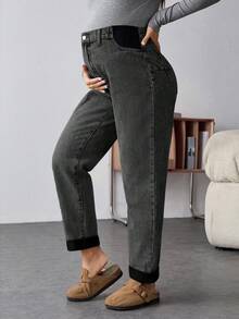 SHEIN Quần jean bầu màu trơn kiểu dáng thường ngày - màu đen - Xem 3