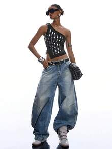 LYSMO Áo nữ không tay lệch vai thời trang với thiết kế dây đeo vai và vạt áo bất đối xứng. - Màu xanh lá cây đậm - Xem 2