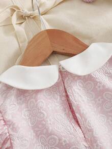 SHEIN Baby Girls' Spring Casual Vacation Cute Sweet Puff Sleeve A-Line Textured Fabric Short Sleeve Dress, Exquisite Smocking Craftsmanship, High Quality And Cost-Effective, Suitable For Travel Or Vacation Outfits - Pink - View 6