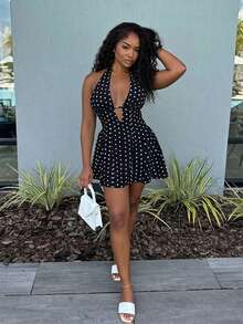 Alexandranx 女士波尔卡圆点印花性感V领露背迷你连衣裙 - 黑色 - 查看 4