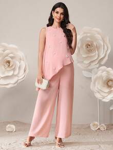 Conjunto de top y pantalones de maternidad elegante con decoración de perlas falsas y bajo asimétrico, para verano - Rosa - Ver 5